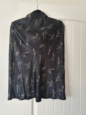 Vince Black Satin Floral Midi Skirt with Beige Gray Sprigs